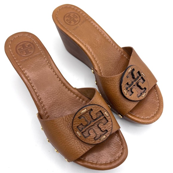Tory Burch Patti Wedge Slide Sandals Brown Leather Embossed Logo Studded Women 8 - Picture 6 of 16